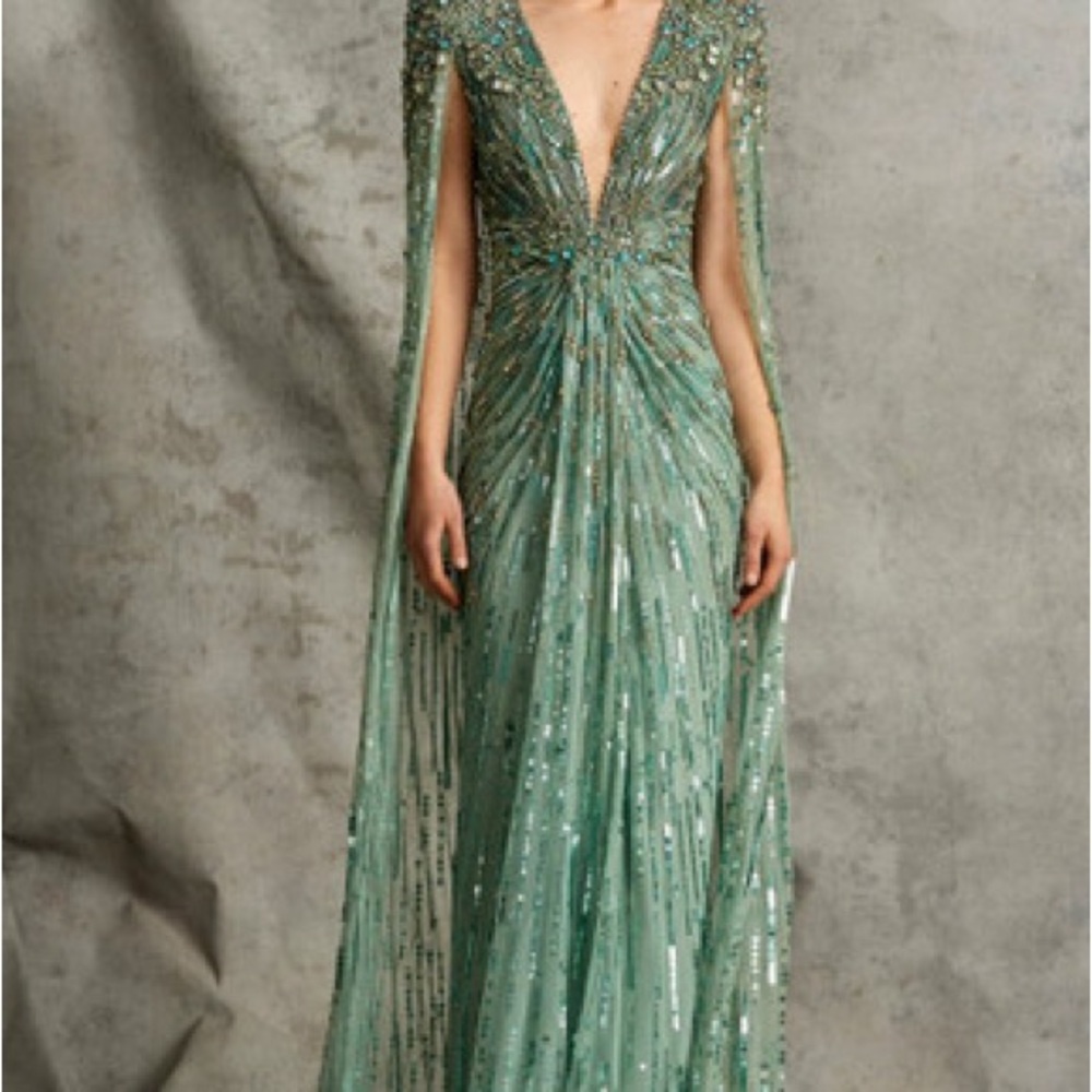 Jenny Packham Lotus Cape-effect embellished teal Autenthic US 12